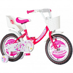 Bicicleta roti 16 inch, cos si scaun papusi, roti ajutatoare, Fair Pony roz foto