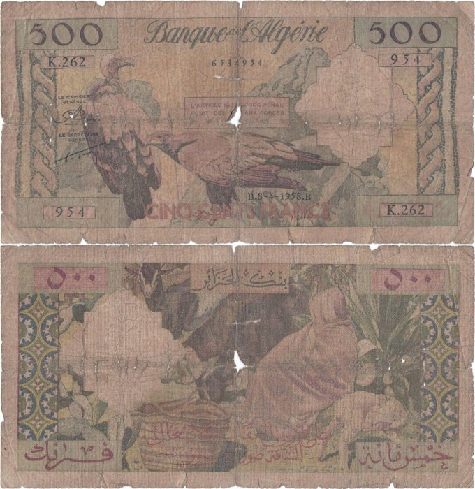 1958 ( 8 IV ) , 500 francs ( P-117a.7 ) - Algeria