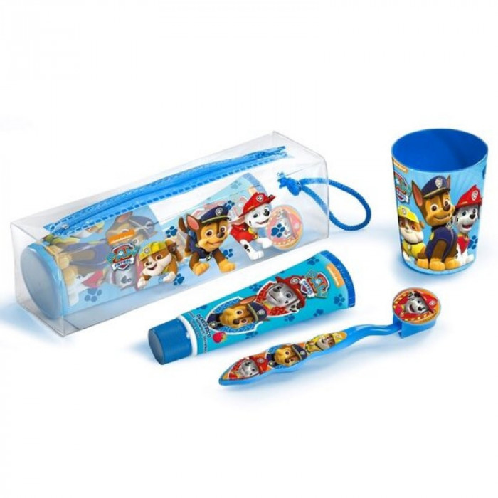 Set ingrijire dentara pentru baieti Paw Patrol, pahar, pasta de dinti, periuta si etui incluse