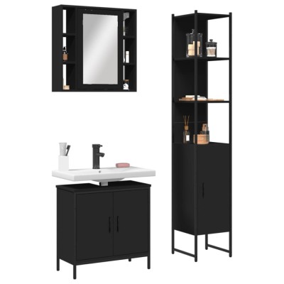 Set dulapuri de baie, 3 piese, negru, lemn prelucrat foto
