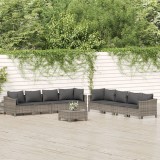 Set mobilier grădină vidaXL, 9 piese, poliratan gri, cu perne incluse, canapele colț/mijloc, taburet, design modular