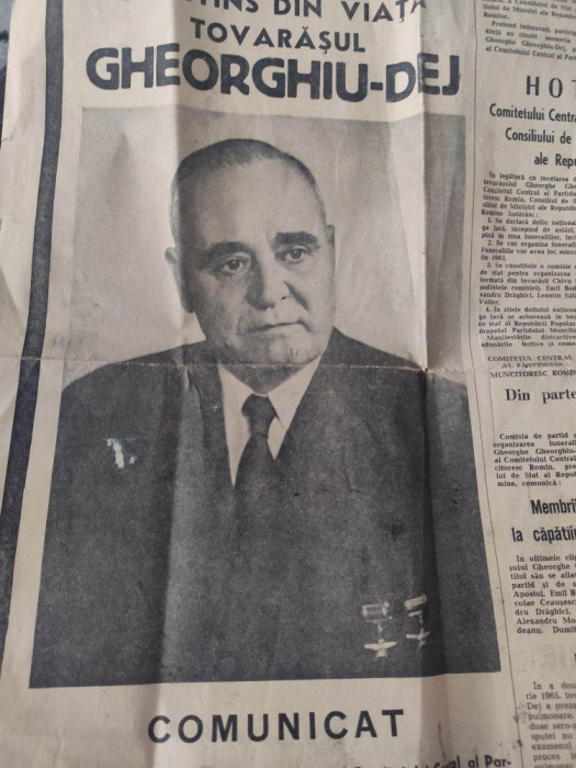 ziar VECHI ROMANIA LIBERA 20 MARTIE 1965,DECESUL tovarasului GHEORGHIUL-DEJ