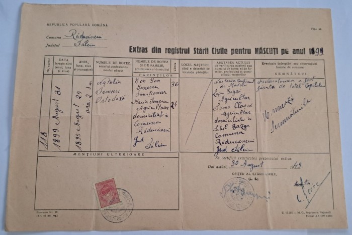 Extras din registrul cartii civile pentru nascuti, anul 1949