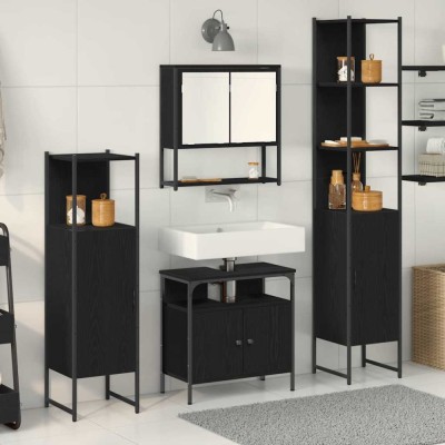 Set de mobilier pentru baie cu raft cu ușă 4 pcs Stejar negru foto