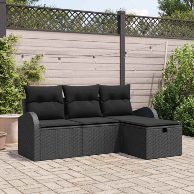 vidaXL Set de canapele pentru grădină cu pernă 4 pcs Negru Rattan poli foto