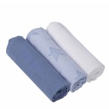 Cumpara ieftin Set 3 Păturici Muselină Clevamama, 70x70cm, Bumbac Bambus, Albastru, Imprimeuri Diverse, Antibacteriene, Respirabile