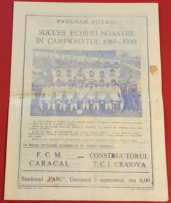 Program meci fotbal FCM CARACAL - &quot;CONSTRUCTORUL TCI&quot; CRAIOVA (03.09.1989)