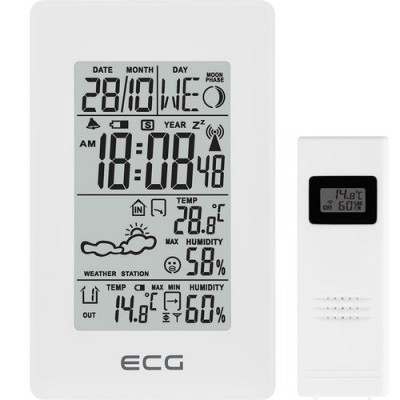 Statie meteo interior-exterior ECG, Senzor Extern Wireless, LCD, Ceas, Alarma, functie DST, IP44, raza de actiune 30 m, indicator confort, Alb foto