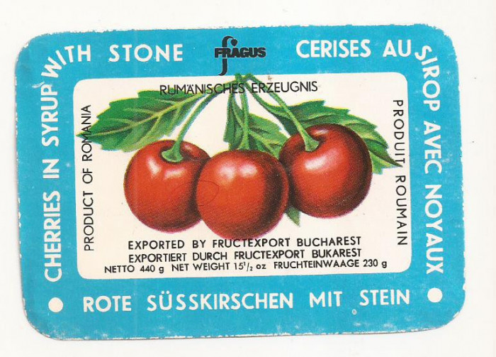 Eticheta , Ambalaj Fragus anii 70 - Sirop de cirese - NEFOLOSIT, pentru export
