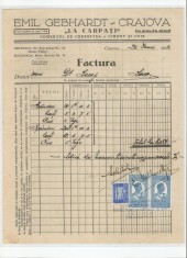 Romania, &quot;La Carpati&quot; Emil Gebhardt, Factura, Craiova, 1932