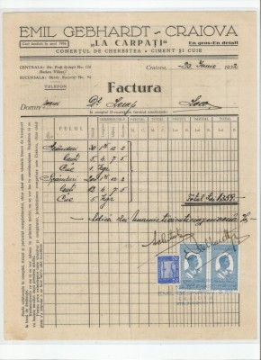 Romania, &amp;quot;La Carpati&amp;quot; Emil Gebhardt, Factura, Craiova, 1932 foto