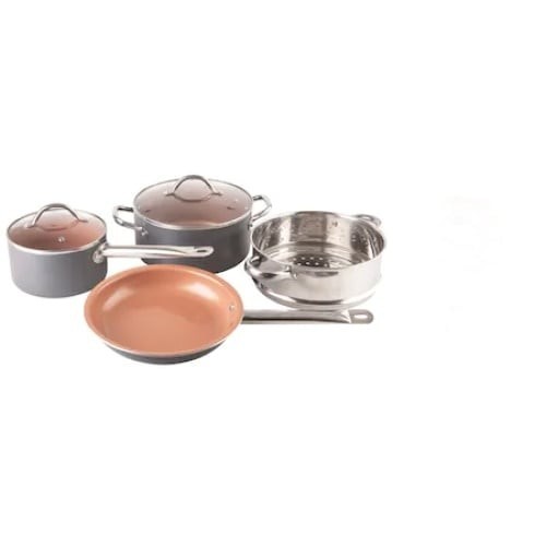 Set 6 piese, cu vase din aluminiu, invelis antiaderent, capace din sticla termorezistenta, gri