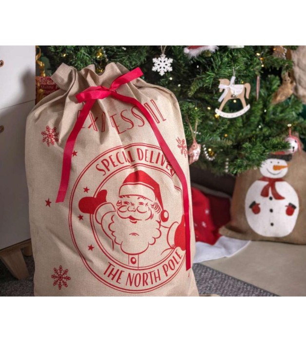 Sac pentru cadouri din iuta, model Mos Craciun, 70 x 100 cm