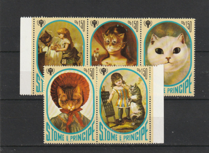 Sao Tome e Principe 1981-Fauna,Pisici in tablouri,serie 5 val.,MNH,Mi.730A-734A