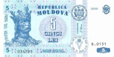 MOLDOVA █ bancnota █ 5 Lei █ 2009 █ P-9e █ UNC █ necirculata