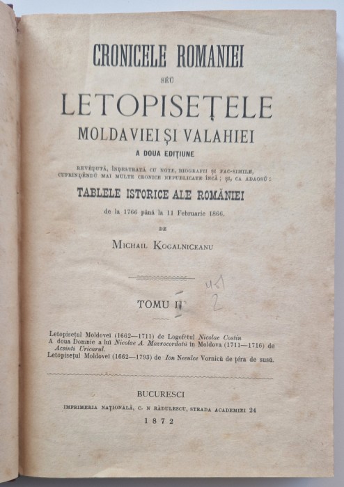 Mihail Kogalniceanu, Cronicele Romaniei seu Letopisetele Moldaviei şi Valahiei. Ed. II, vol 2, 1872