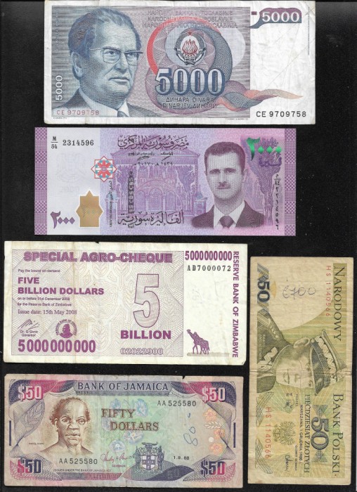 Set 5 bancnote de prin lume adunate (cele din imagini) #384