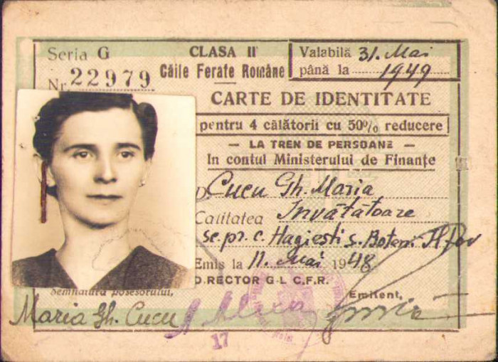 A56 Carte de identitate CFR, 1948, &icirc;nvățătoare Hagiești Ilfov