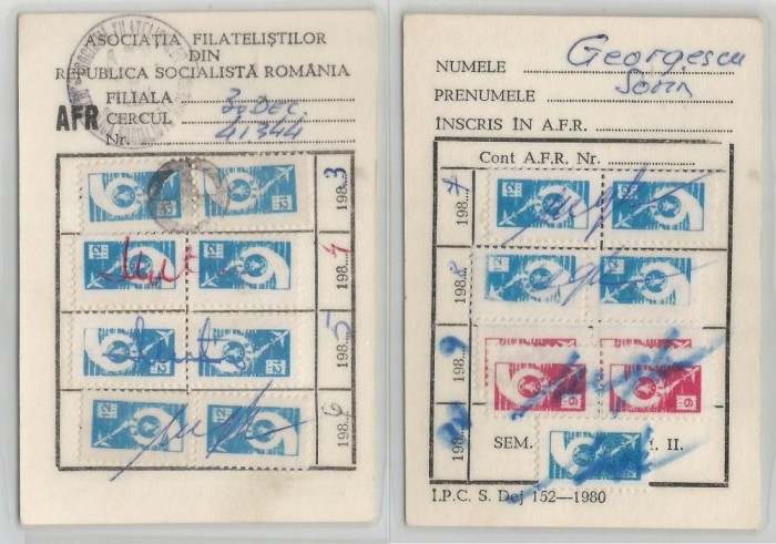 Romania, Carton cotizatie A.F.R. (II), Bucuresti, 1983