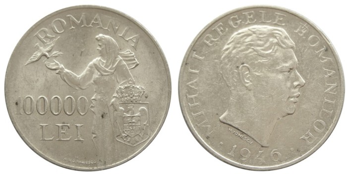 t783 ROMANIA 100000 LEI 1946 ARGINT APROAPE NECIRCULATA aUNC