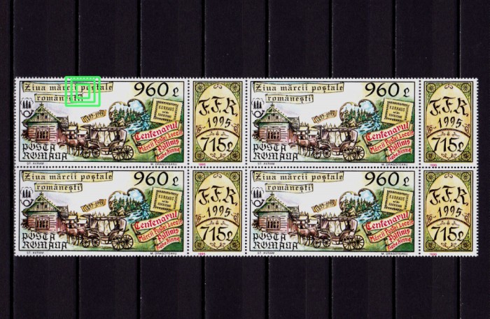 ✅ RO 1995 LP 1384a &quot;Ziua marcii postale&quot; ,bloc de 4 *EROARE* catalogata:punct ,MNH