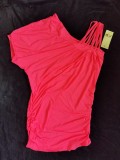 ROCHIE BLUZA MINI SEXY ROZ NEON ASIMETRICA 5 BRETELE VARA ZI CLUB PLAJA, Fuchsia, Poliester