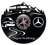 Ceas de perete decorativ realizat din disc de vinil, Model Utilitara Mercedes-Benz Sprinter si Peisaj Montan, Negru, 30 cm