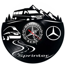 Ceas de perete decorativ realizat din disc de vinil, Model Utilitara Mercedes-Benz Sprinter si Peisaj Montan, Negru, 30 cm