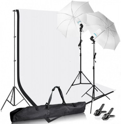 Kit studio Foto, 2 x Umbrele studio , Suport fundal , 2 panze Andoer si 2 x becuri 150W foto