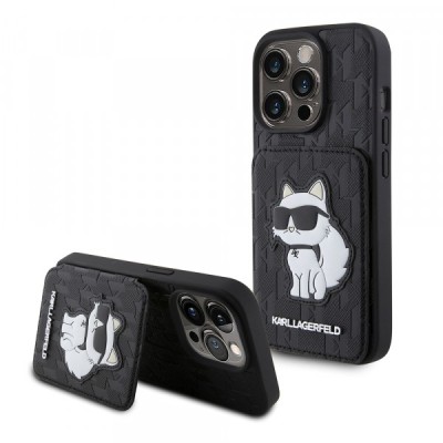 Husa pentru Apple iPhone 15 Pro, Karl Lagerfeld, Saffiano Cardslots and Stand Monogram Choupette, Neagra foto