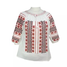 Bluza Tip Ie Traditionala Alba cu Motiv Geometric Rosu de Dama - IMS103