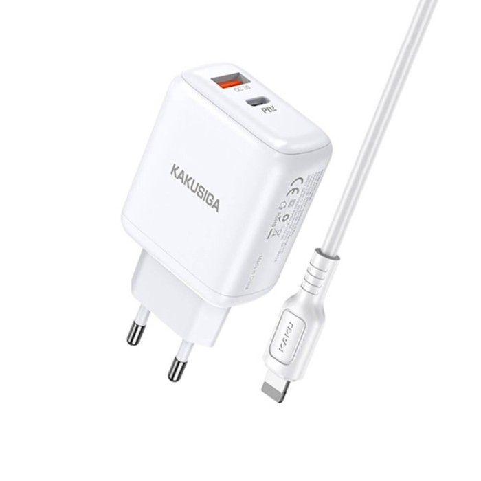 Incarcator de retea, Kakusiga, Dual Port EU Charger KSC-670, PD 30W USB typ C + QC3.0 USB + 1m cablu (USB-C -