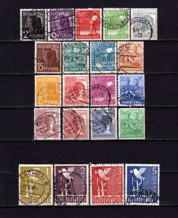 ✅ (S39)Germania 1947 -Emisiunile Aliatilor &quot; Uzuale&quot; ,serie Mi. 943/962 , 21 valori , cota mare 130 &euro; , stampilata