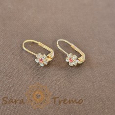 Cercei floare cu cristal zirconia roz central si cristale albe pe margini foto