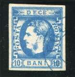 1869 , Lp 26 , Carol I favoriti 10 Bani albastru , stampila Focsani, Stampilat