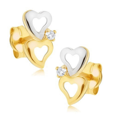 Cercei din aur de 14K - contururi de inimă bicoloră, diamant transparent foto
