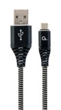 CABLU alimentare si date GEMBIRD, pt. smartphone, USB 2.0 (T) la Micro-USB 2.0 (T), 2m, premium, cablu cu impletire din bumbac, negru cu insertii albe