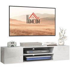HOMCOM Dulap TV suspendat pe perete, stil contemporan, 2 dulapuri, 2 rafturi centrale, 2 orificii pentru cabluri, 140x30x30 cm, alb | Aosom Romania