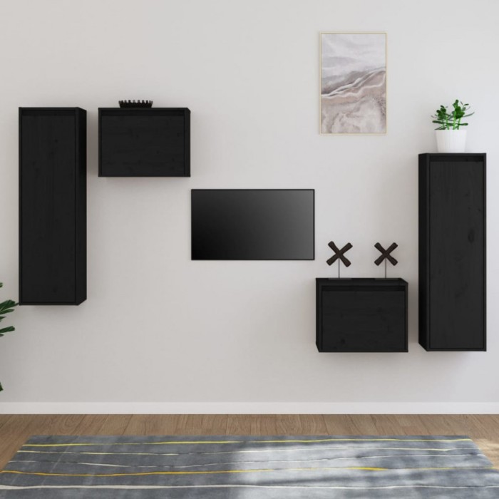 Comode TV, negru, 4 buc., lemn masiv de pin