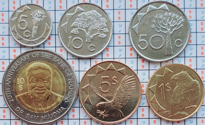 set 6 monede Namibia 5, 10, 50 Cents, 1, 5, 10 Dollars 2010 - 2015 UNC - A036