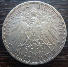 (A719) MONEDA DIN ARGINT GERMANIA, PRUSIA - 3 MARK 1909, LIT. A, WILHELM II foto