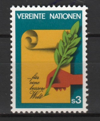TIMBRE 143l, ONU, VIENA, 1982, TIMBRU POSTAL, MANA, RAMURA, FOAIE DE HARTIE. foto