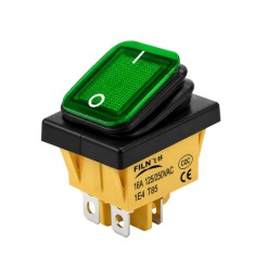 Intrerupator rocker basculant ON-OFF, KCD4-0111-21, 4pini, 250VAC, 16A, 30x22mm, LED verde, cu retinere, IP65