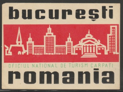 Romania anii 70 - Vigneta generica de bagaje Bucuresti (tip 2), ONT Carpati, eticheta promovare turistica foto