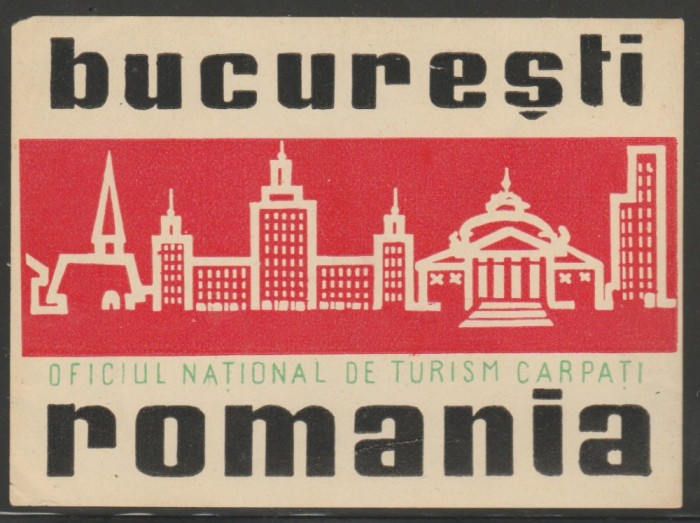 Romania anii 70 - Vigneta generica de bagaje Bucuresti (tip 2), ONT Carpati, eticheta promovare turistica