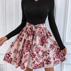 Rochie mini cu imprimeu floral si cordon, roz