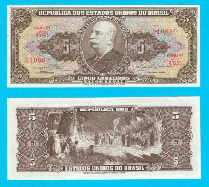 Brazilia (p#176) 5 Cruzeiros 1962-64 aUNC+ &#039;Conquista do Amazonas&#039; serie: 010880