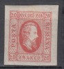 ROMANIA 1865 LP 17 A. I.CUZA VALOAREA 20 PARALE ROSU GUMA ORIGINALA SARNIERA POINCON PLIU DREAPA JOS, Nestampilat