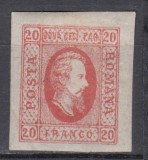ROMANIA 1865 LP 17 A. I.CUZA VALOAREA 20 PARALE ROSU GUMA ORIGINALA SARNIERA POINCON PLIU DREAPA JOS