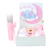 Cumpara ieftin Set Cutie Trusou cu Lumanare, 9 Piese "Cu drag de la nasi" - Luna Elefant, Roz - TB226